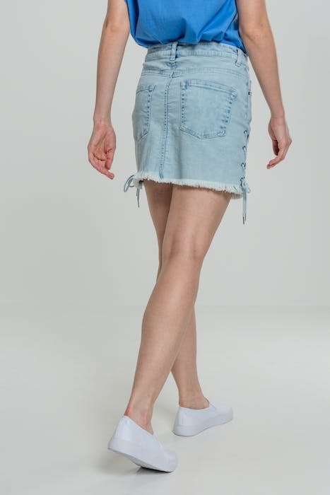 LADIES DENIM LACE UP SKIRT BLUE BLEACHED 3