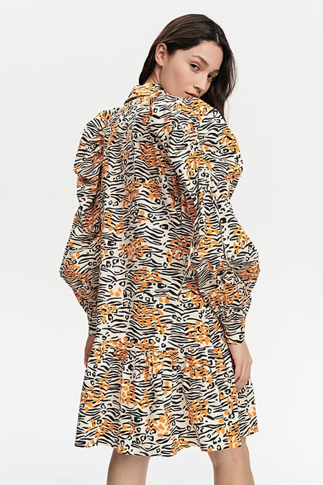 GATHERED VOLANT DRESS WILD PRINT ORANGE 2