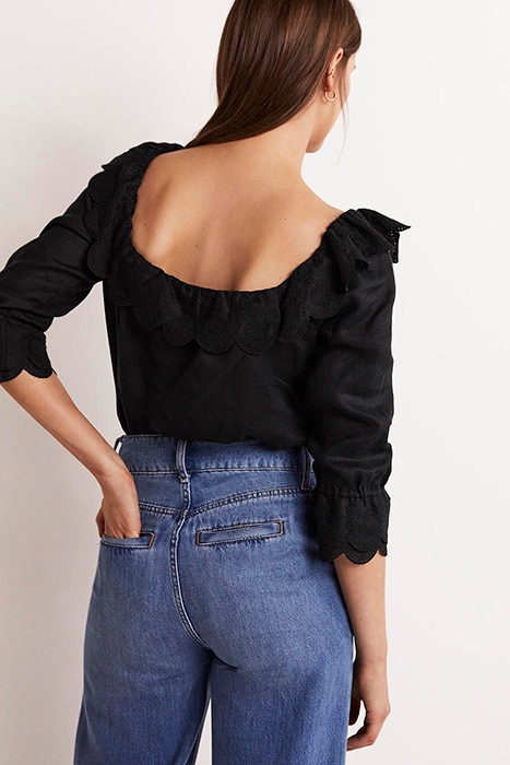 SQUARE NECK FRILL LINEN BLOUSE BLK 2