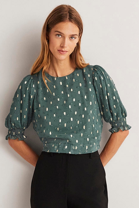 CROPPED METALLIC SMOCKED TOP MOS 1