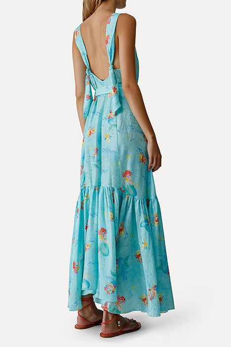 "THE MERMAIDS SONG" PRINT HABOTAI SILK STRAPS DRESS ACQUA 3