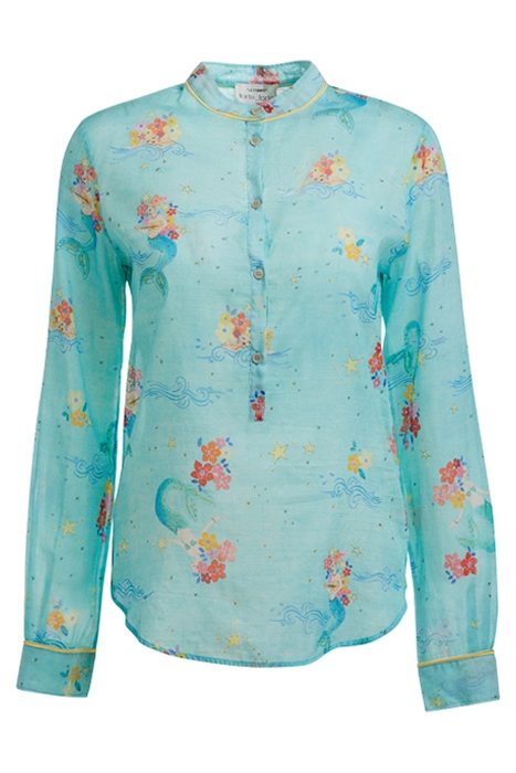 "THE MERMAIDS SONG" PRINT VOILE GRANDFATHER SHIRT ACQUA 1