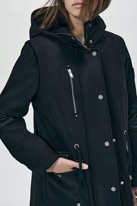 BLACK TOPSTITCHED TWILL HOODED MID-LENGTH PARKA 3