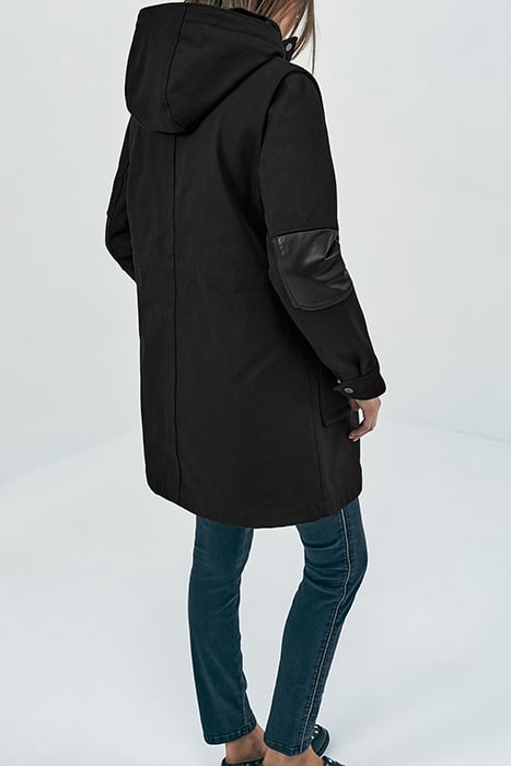 BLACK TOPSTITCHED TWILL HOODED MID-LENGTH PARKA 2