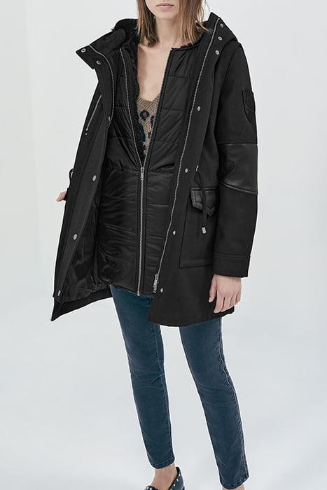 BLACK TOPSTITCHED TWILL HOODED MID-LENGTH PARKA 1