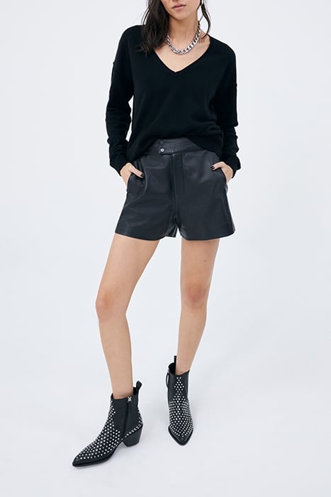BLACK CHECKERBOARD MOTIF LEATHER HIGH-WAIST SHORTS 3