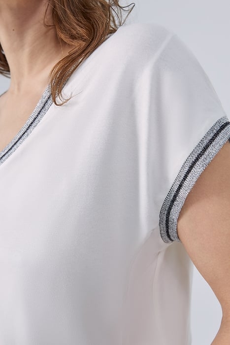 ECRU MIXED FABRIC TOP WITH STRIPED RIBBED V NECK 6