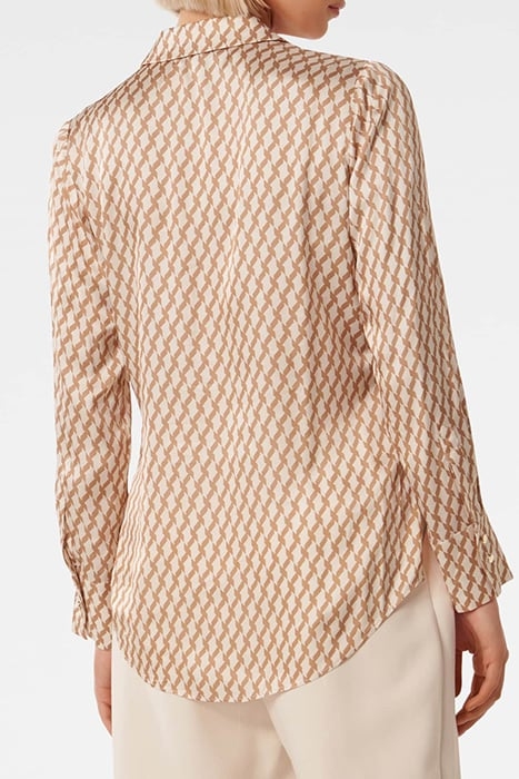 LILA LONGLINE PRINTED SATIN SHIRT TAN PORTER GEO 2