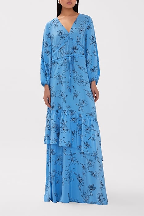 NIOBE MAXI LENGTH RUFFLE DRESS FLOWER SUMMER SKY 1