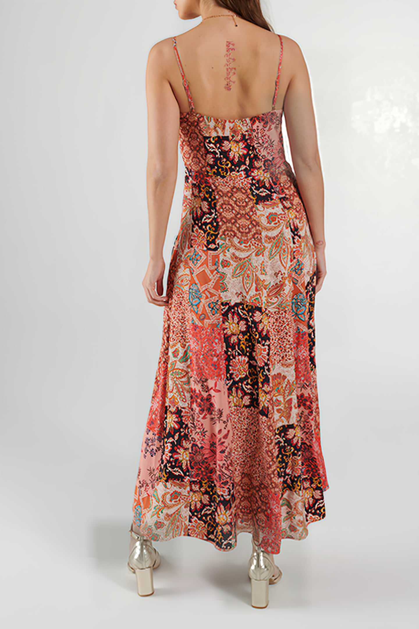 TEA ROSE FLORAL PATCHWORK PRINT LONG DRESS PINK 2