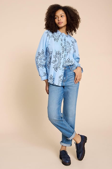 FIA FRILL NECK TOP BLUE PRINTED 2