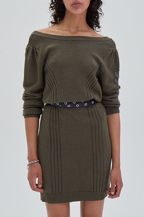 KHAKI CHEVRON STITCH KNIT SHORT DRESS 1