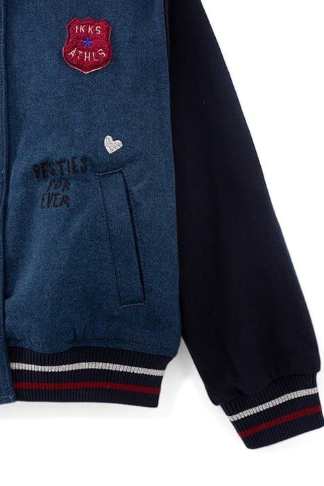 GIRLS’ NAVY DENIM EMBROIDERED MIXED FABRIC BASEBALL JACKET 6