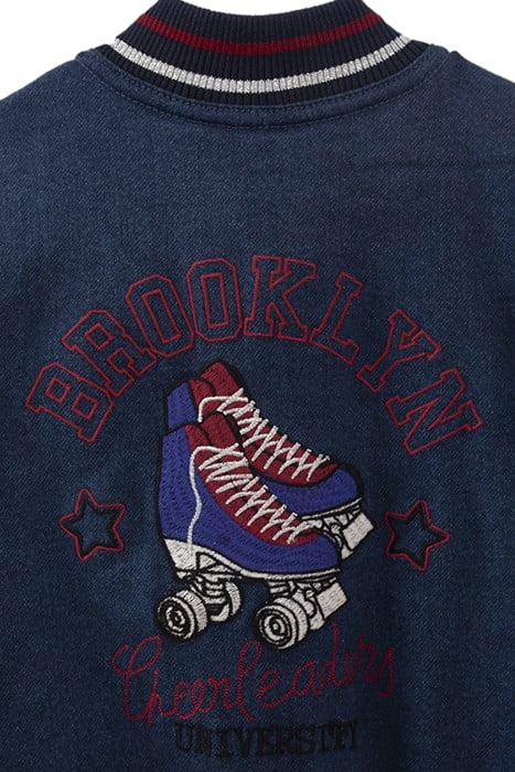 GIRLS’ NAVY DENIM EMBROIDERED MIXED FABRIC BASEBALL JACKET 7