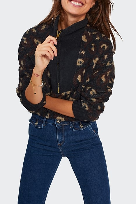 BLACK LEOPARD KNIT ZIP-NECK SWEATER 1