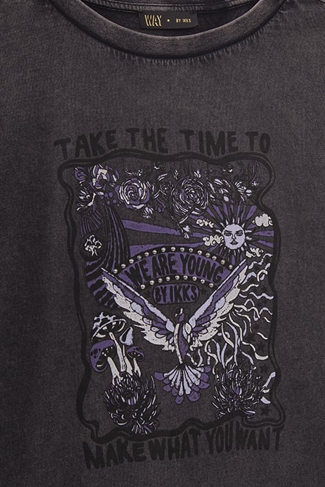 GIRLS’ GREY STUDDED ROCK IMAGE T-SHIRT BLACK USED 3