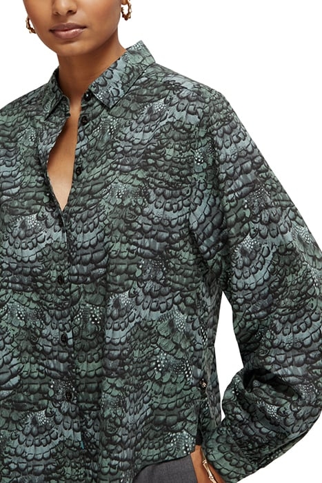 PRINTED BALLOON SLEEVE SHIRT FEATHER BOTTLE GREEN 6