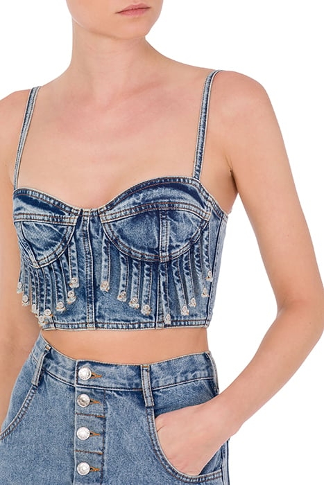 RECYCLED DENIM CROP TOP WITH FRINGES BLUE 4