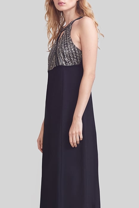 BLACK LONG DRESS, METALLIC BEAD-EMBROIDERED DICKEY 3