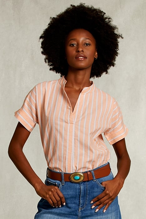 WHITE/ORANGE STRIPED V-NECK BLOUSE ORANGE 1
