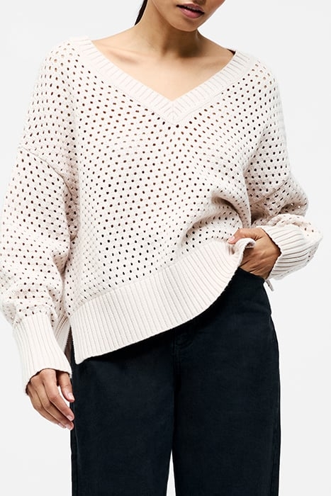 CROCHET KNIT V NECK SWEATER OATMEAL 1