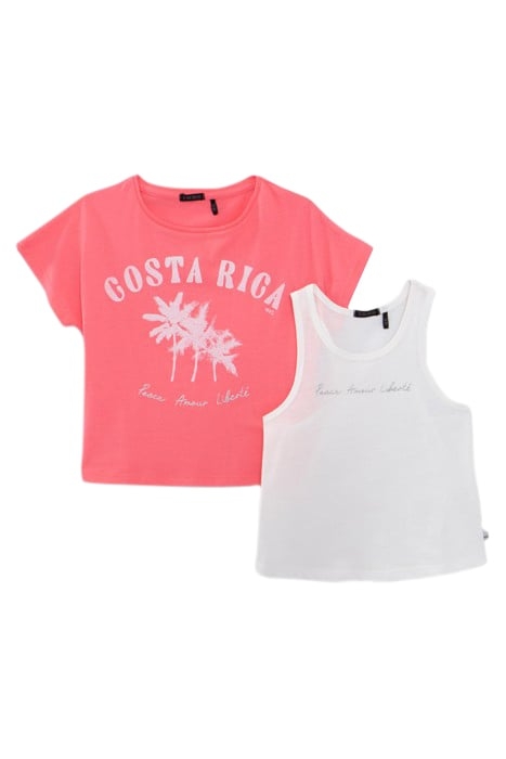 GIRLS’ 2-IN-1 NEON-PINK T-SHIRT AND WHITE VEST TOP 1
