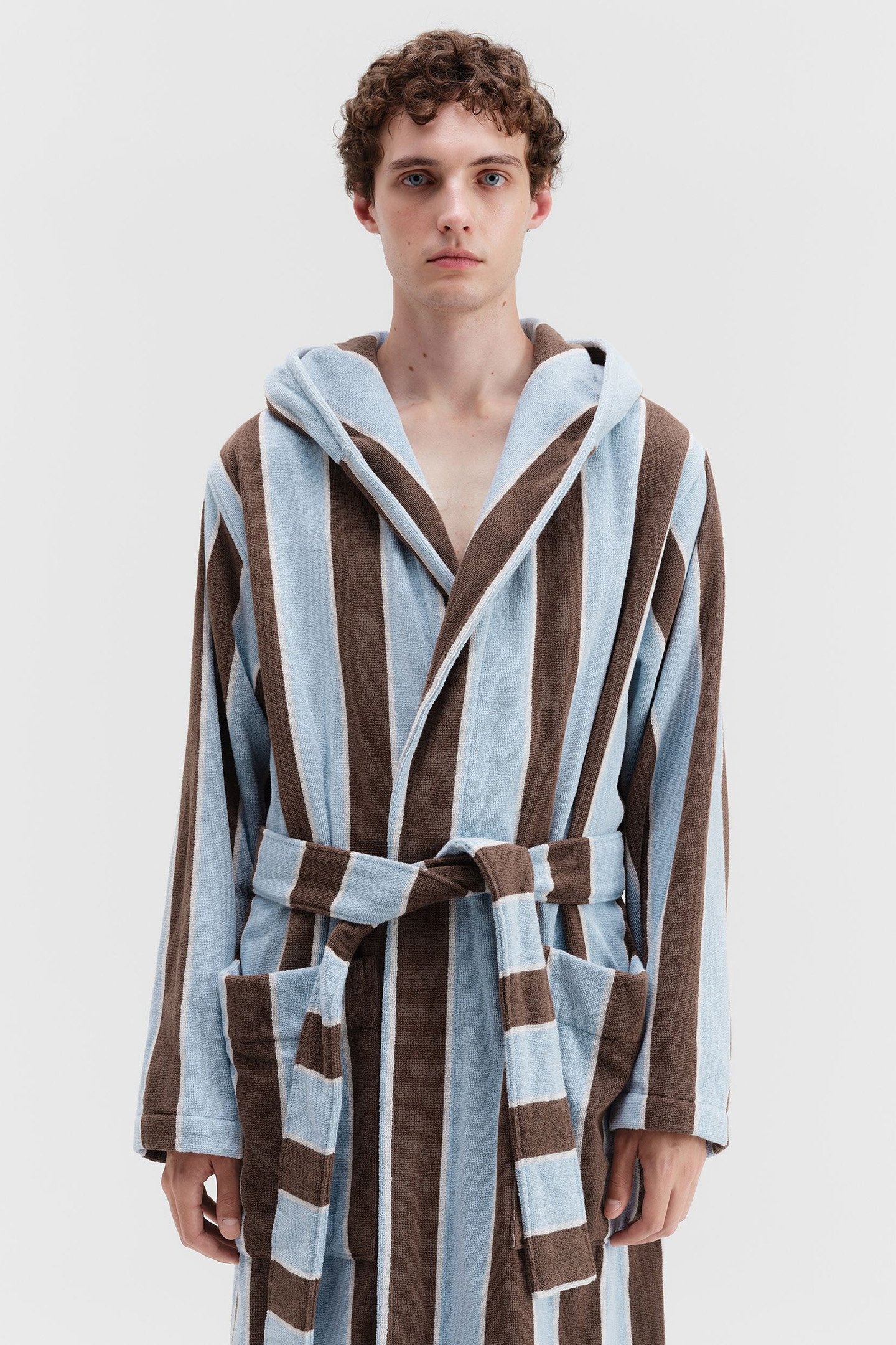 UNISEX HOODED BATHROBE COCOA STRIPES 1