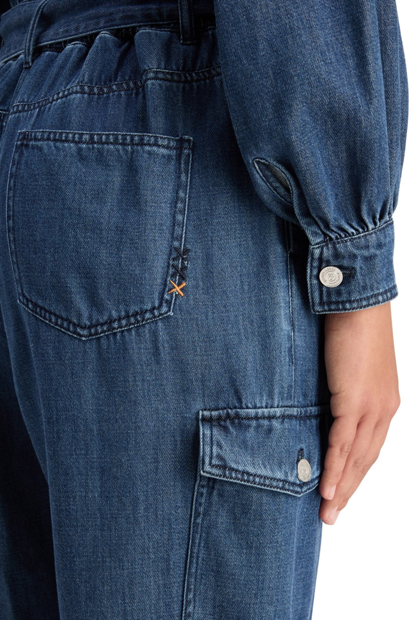 LIGHTWEIGHT DENIM JUMPSUIT IN DARK WASH WITH TONAL DETAILING 7