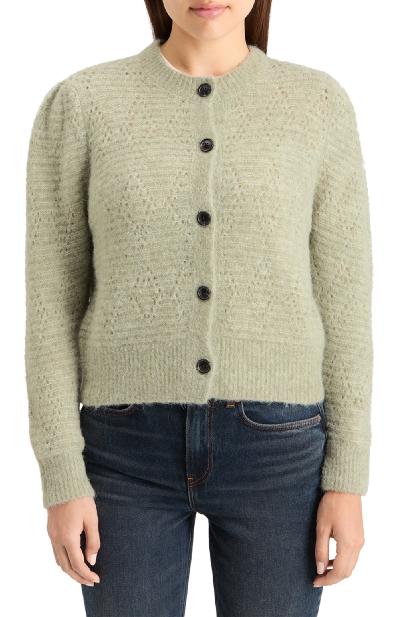 BOUCL CREW NECK CARDIGAN WASHED SAGE MELANGE 1