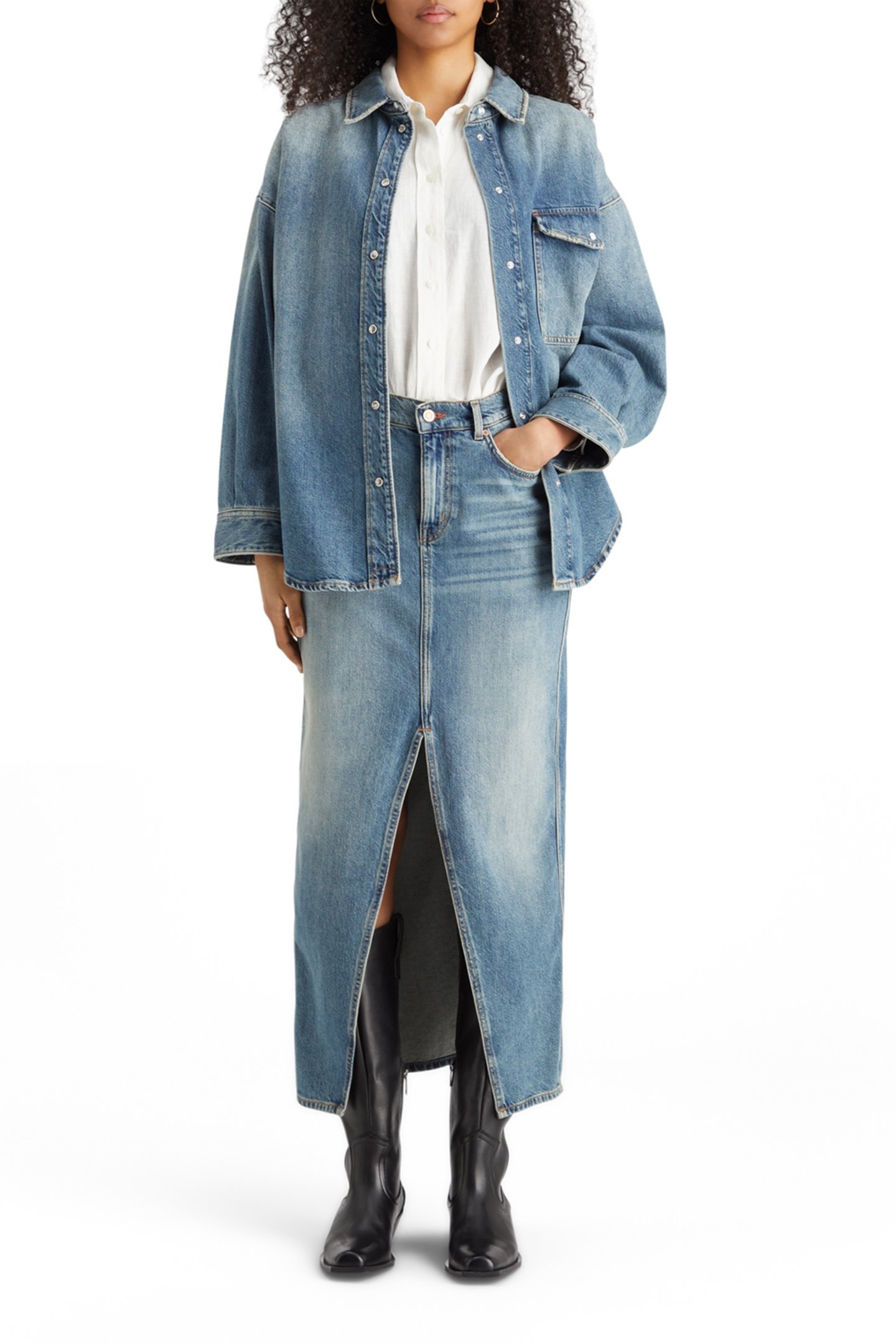 LONG VINTAGE WASHED DENIM SKIRT WITH FRONT SPLIT FRISCO NIGH 6