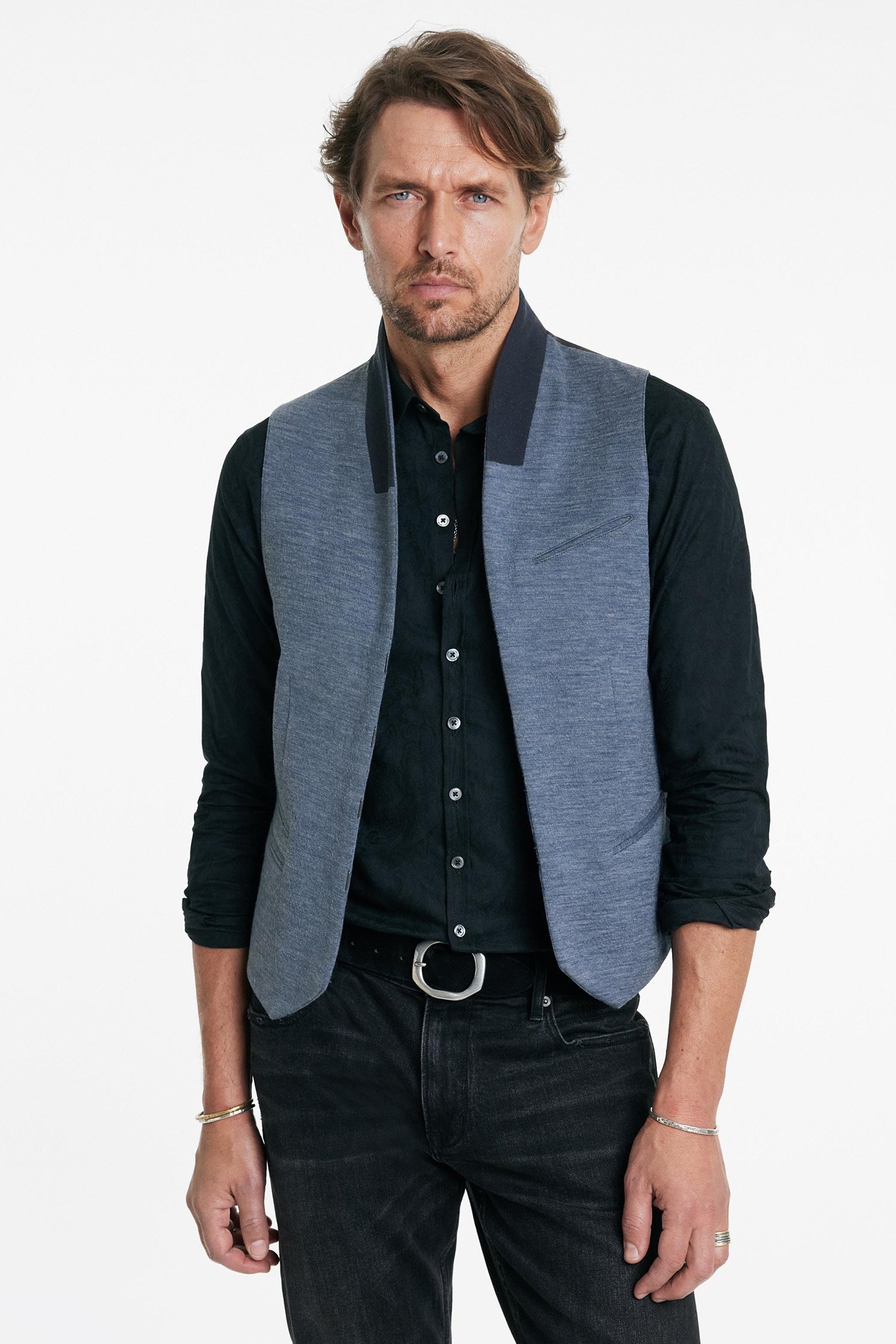 SHAWL COLLAR H B CLOSURE VEST RAIN BLUE 1