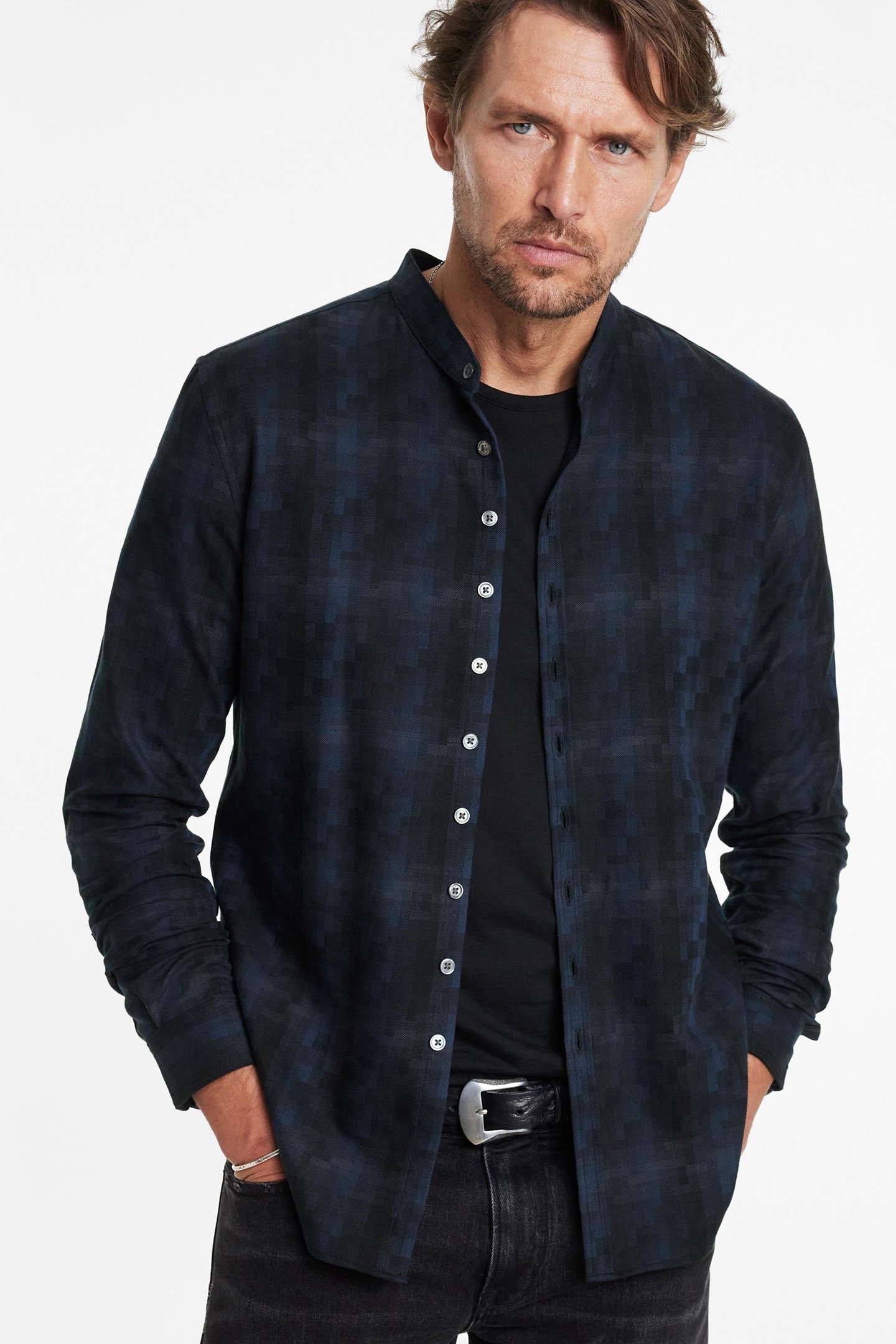 MULTI BUTTON BAND COLLAR SHIRT INK BLUE 3