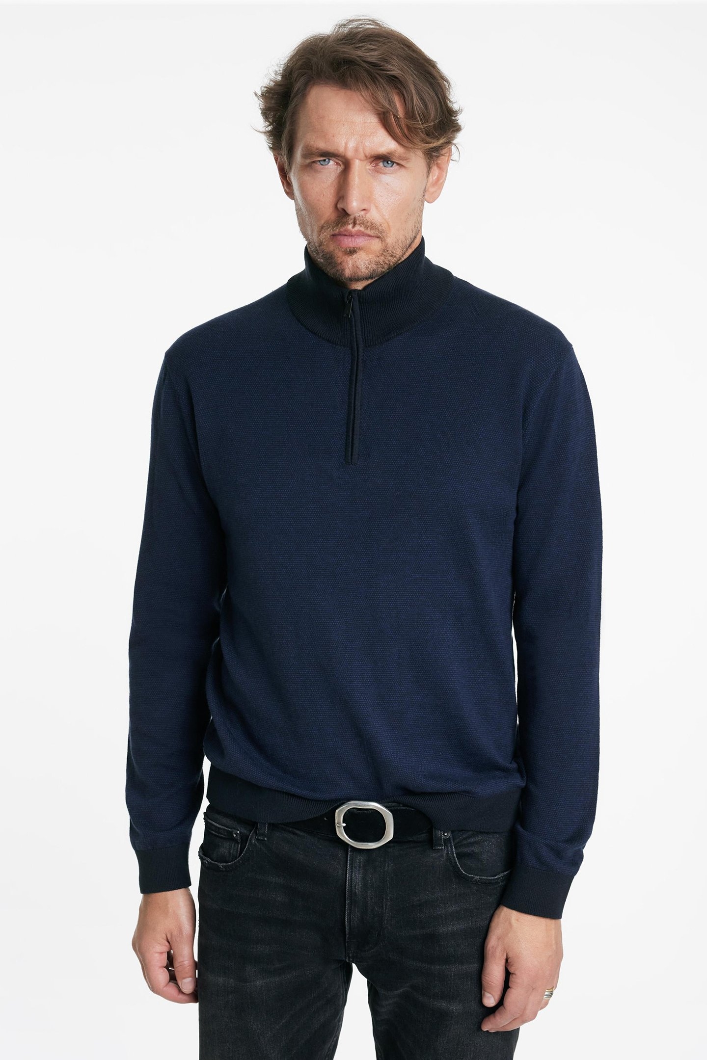 GRAND BIRDSEYE HALF ZIP IN CTN CASH NAVY 1