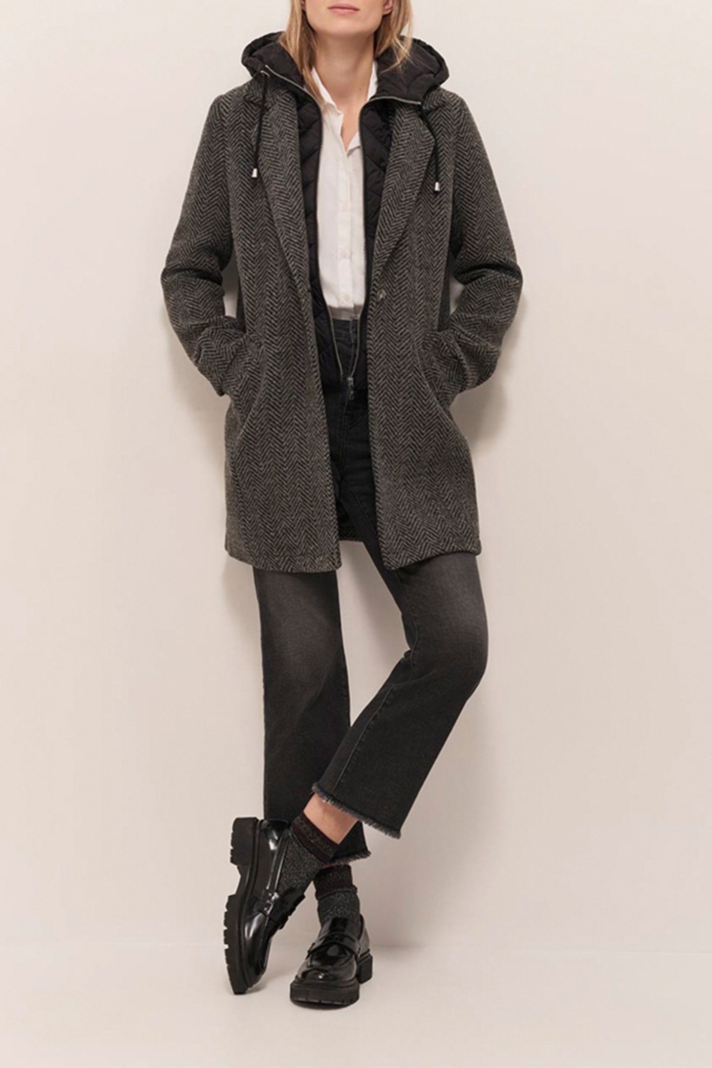 DEW - BLACK HERRINGBONE WOOL COAT WITH REMOVABLE TRIMMING 3