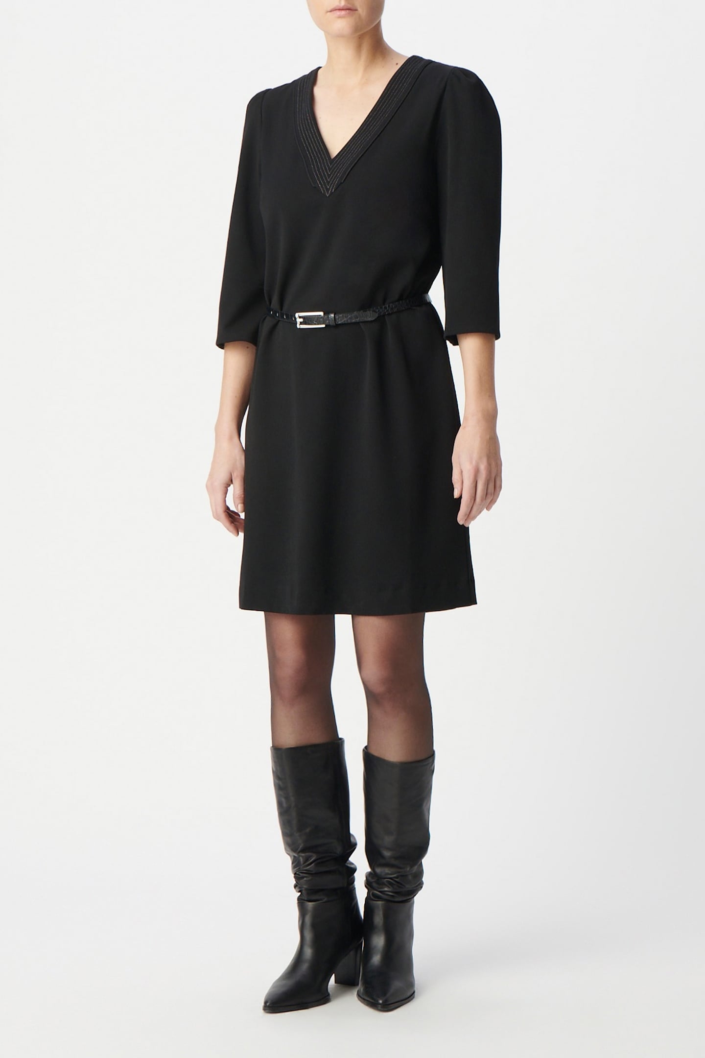 V-NECK LUREX OVERSTITCHED BLACK WRAP DRESS 3