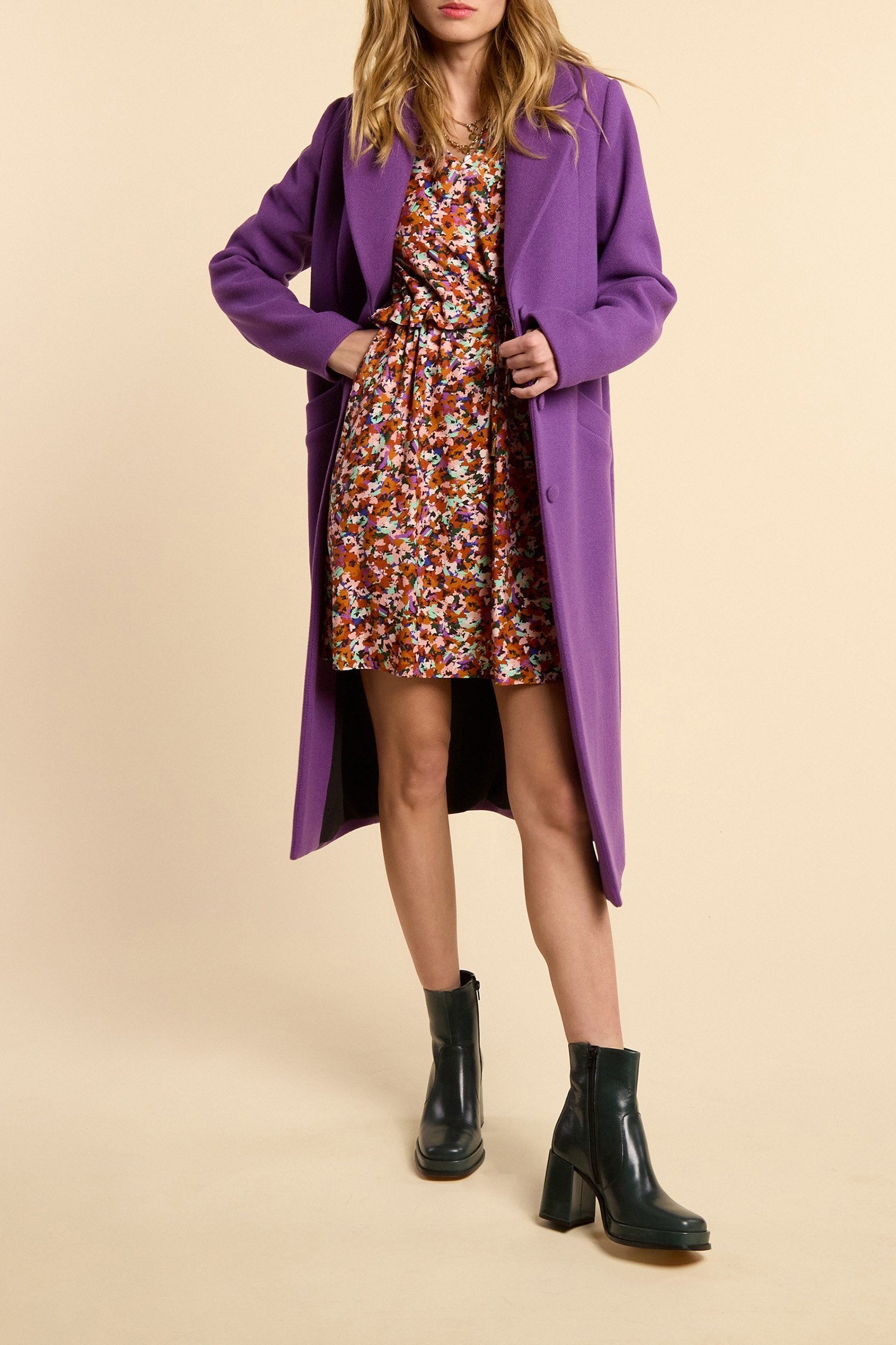 CAMEL DRESS WITH MULTICOLOUR TACHIST PRINT 4