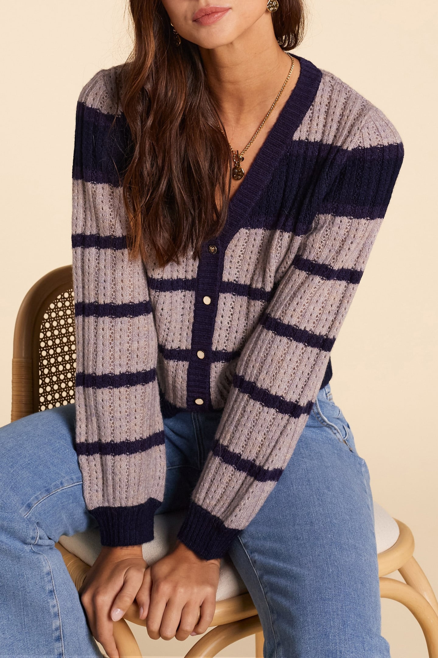 NAVY OPENWORK KNIT CARDIGAN WITH STRIPE PATTERN 1