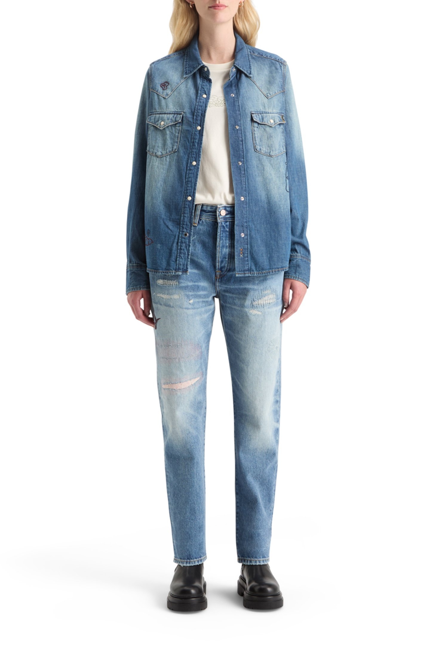 WASHED REGULAR FIT DENIM WESTERN SHIRT WITH EMBROIDERIES WAS 3