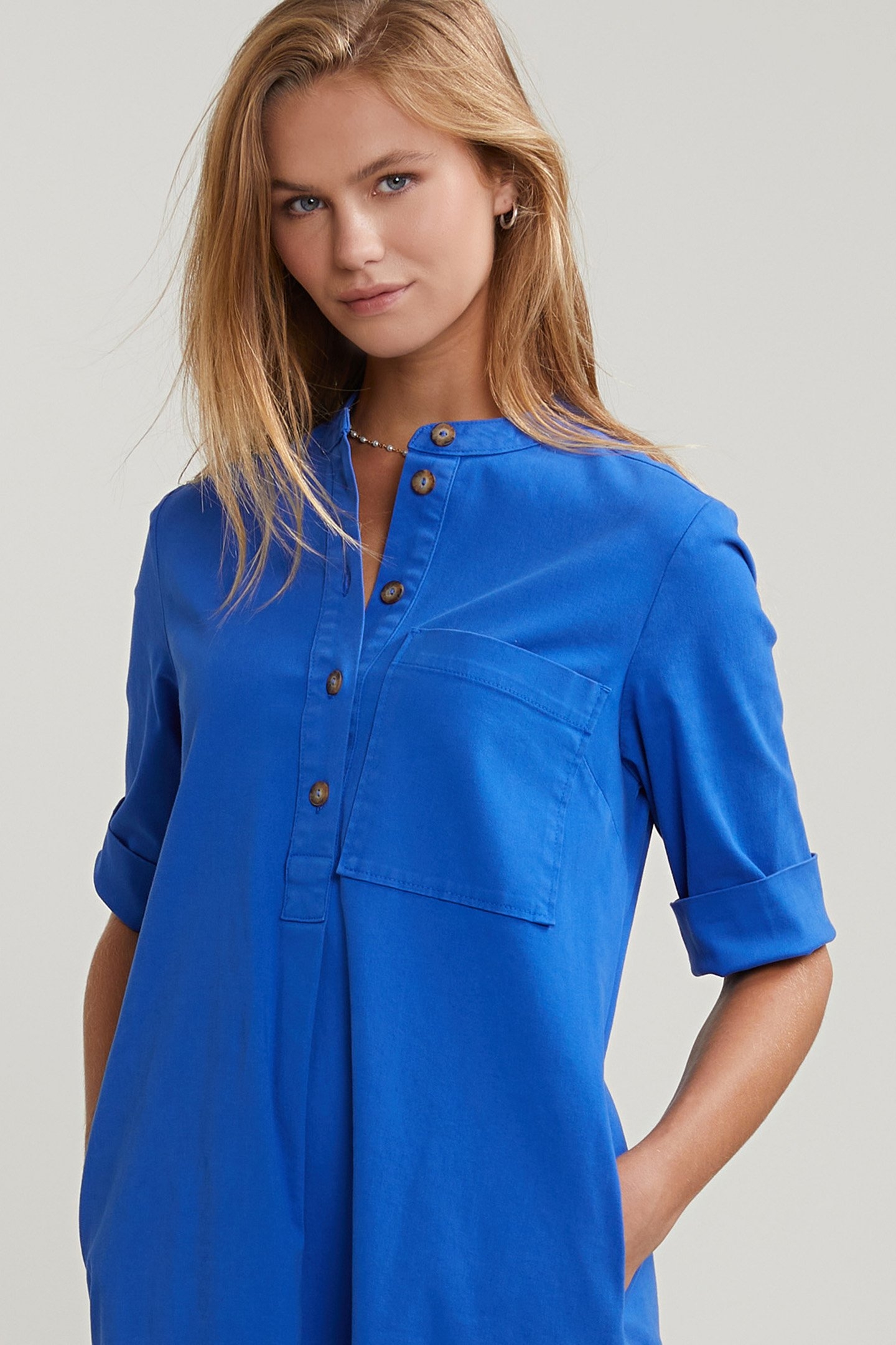 BLUE DRESS APPLICATED POCKET 3/4 SLEEVES 3