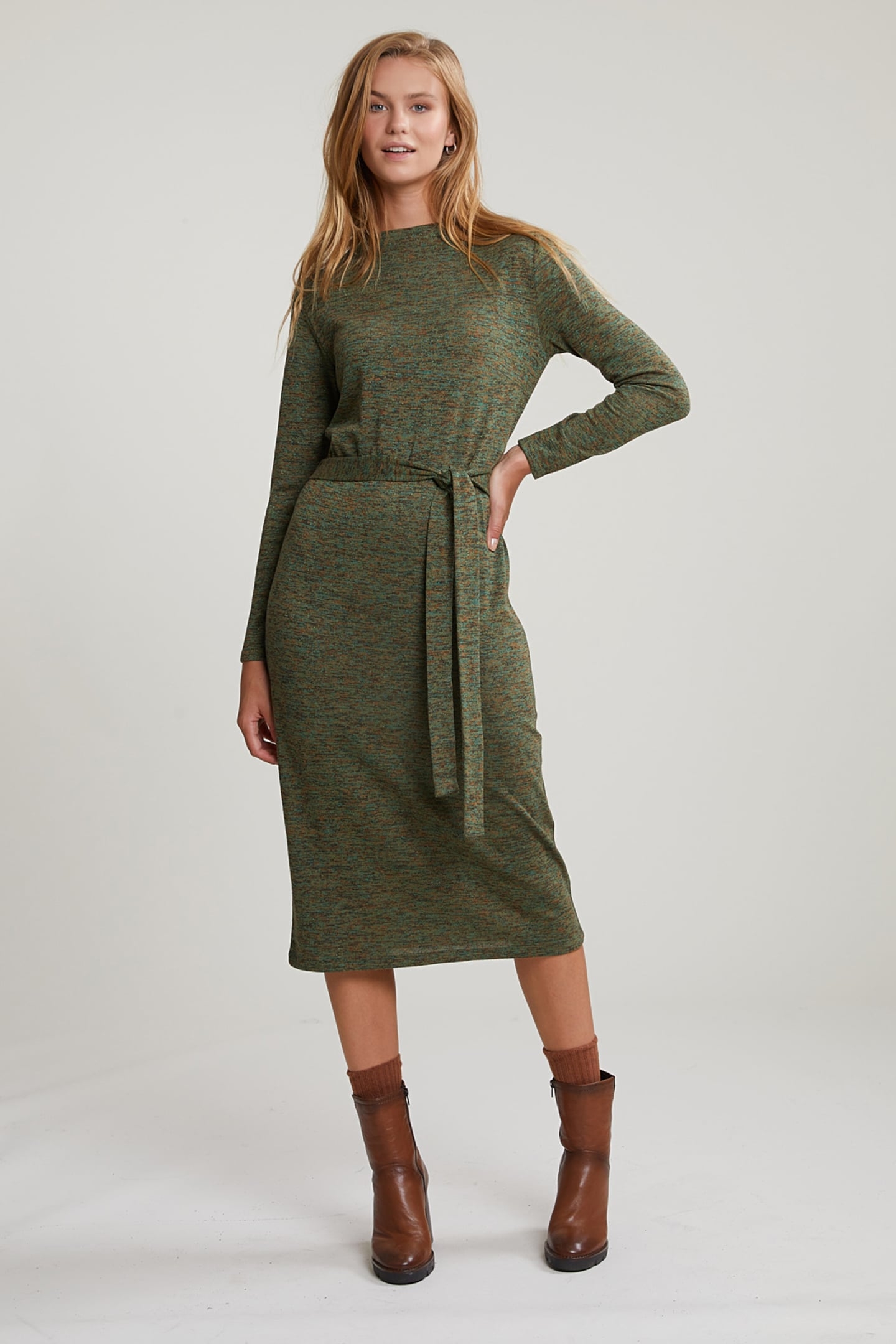 KHAKI BELTED GLITTER DRESS LONG SLEEVES 1