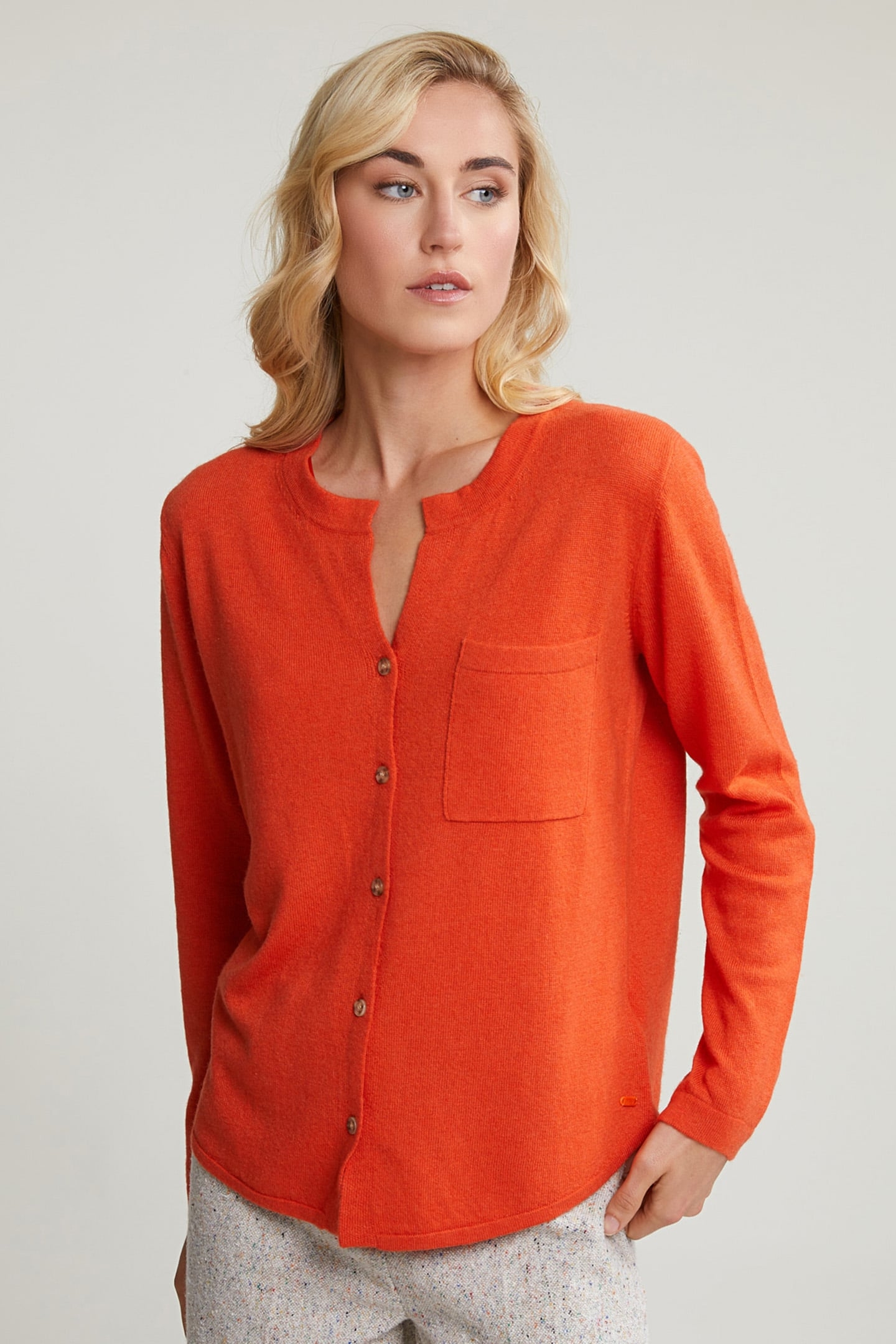 ORANGE BASIC CREW NECK CARDIGAN APPLIED POCKET 1