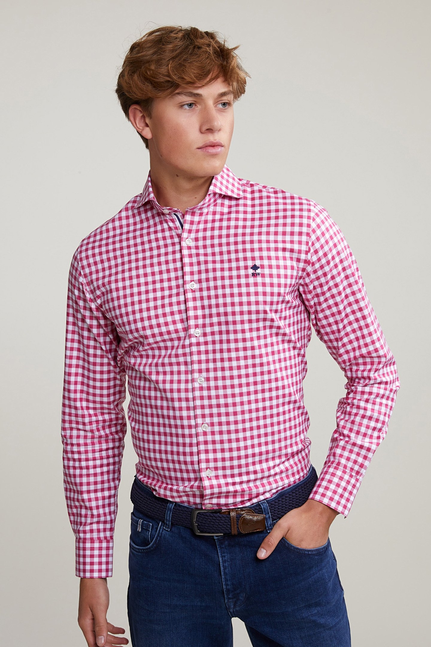 CUSTOM FIT CHECKED SHIRT IN WHITE/RED 1