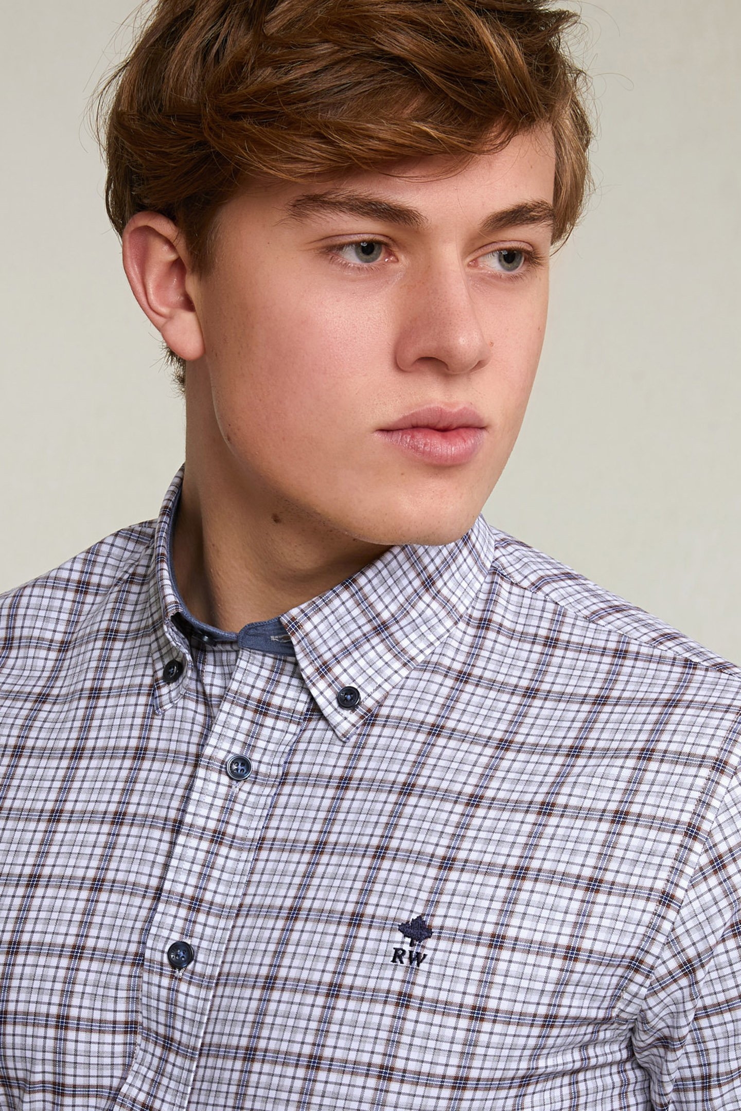 CUSTOM FIT CHECKED SHIRT WHITE/BROWN 3