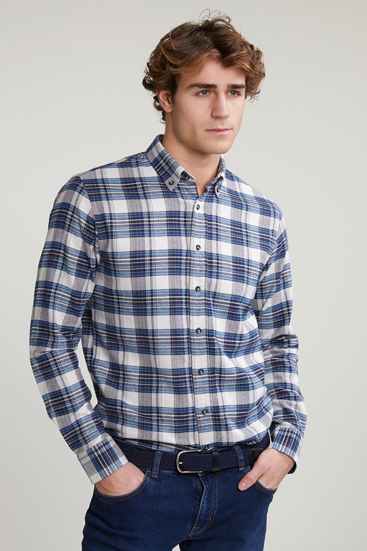 CUSTOM FIT CHECKED SHIRT BLUE/BEIGE 1