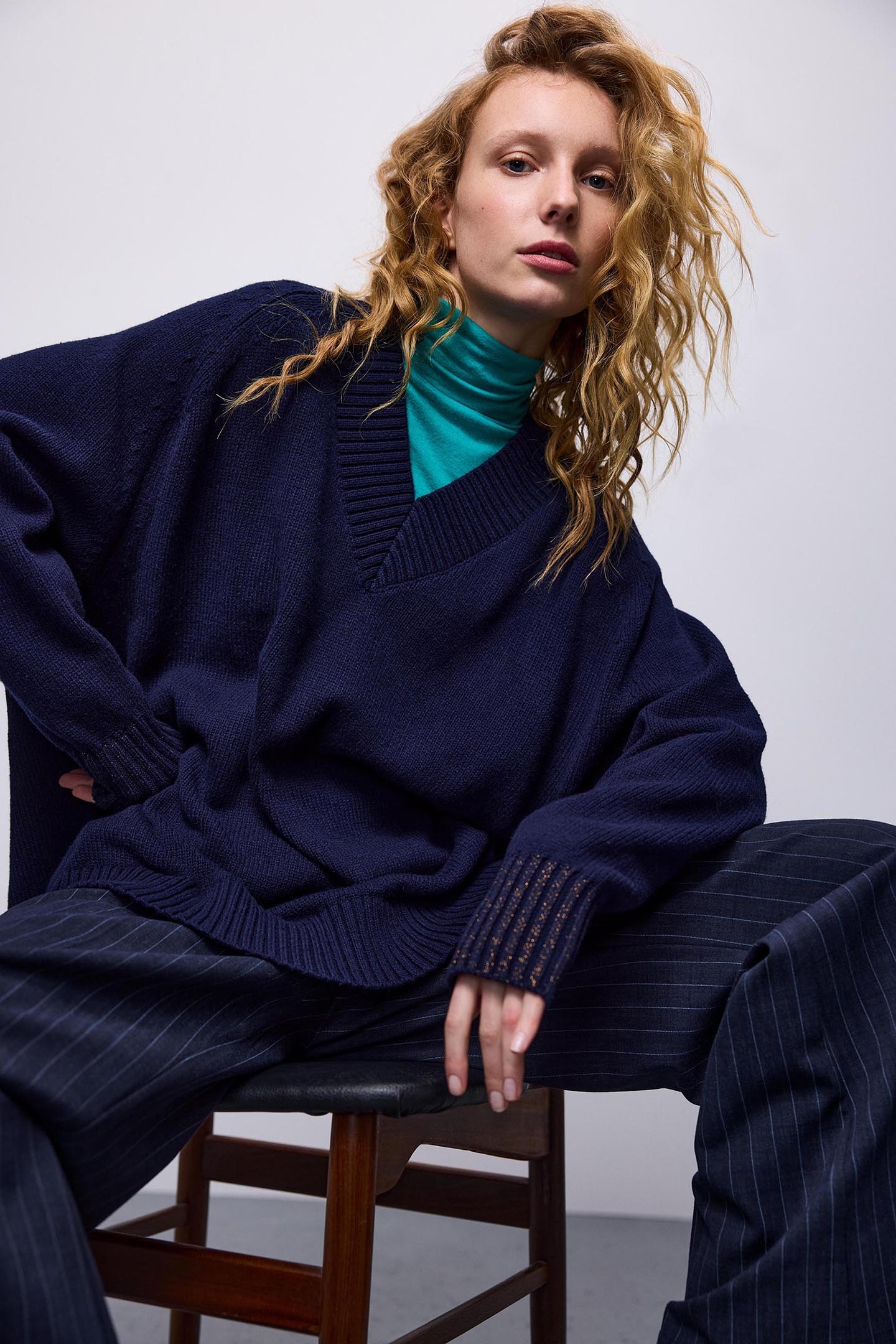 V-NECK SWEATER COTTON MERINO WOOL BLEND KNIT MIDNIGHT BLUE 4