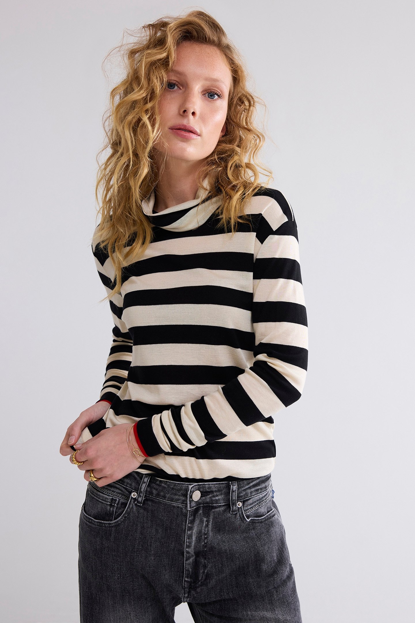 TURTLE NECK TOP SHEER JERSEY STRIPE BLACK 1