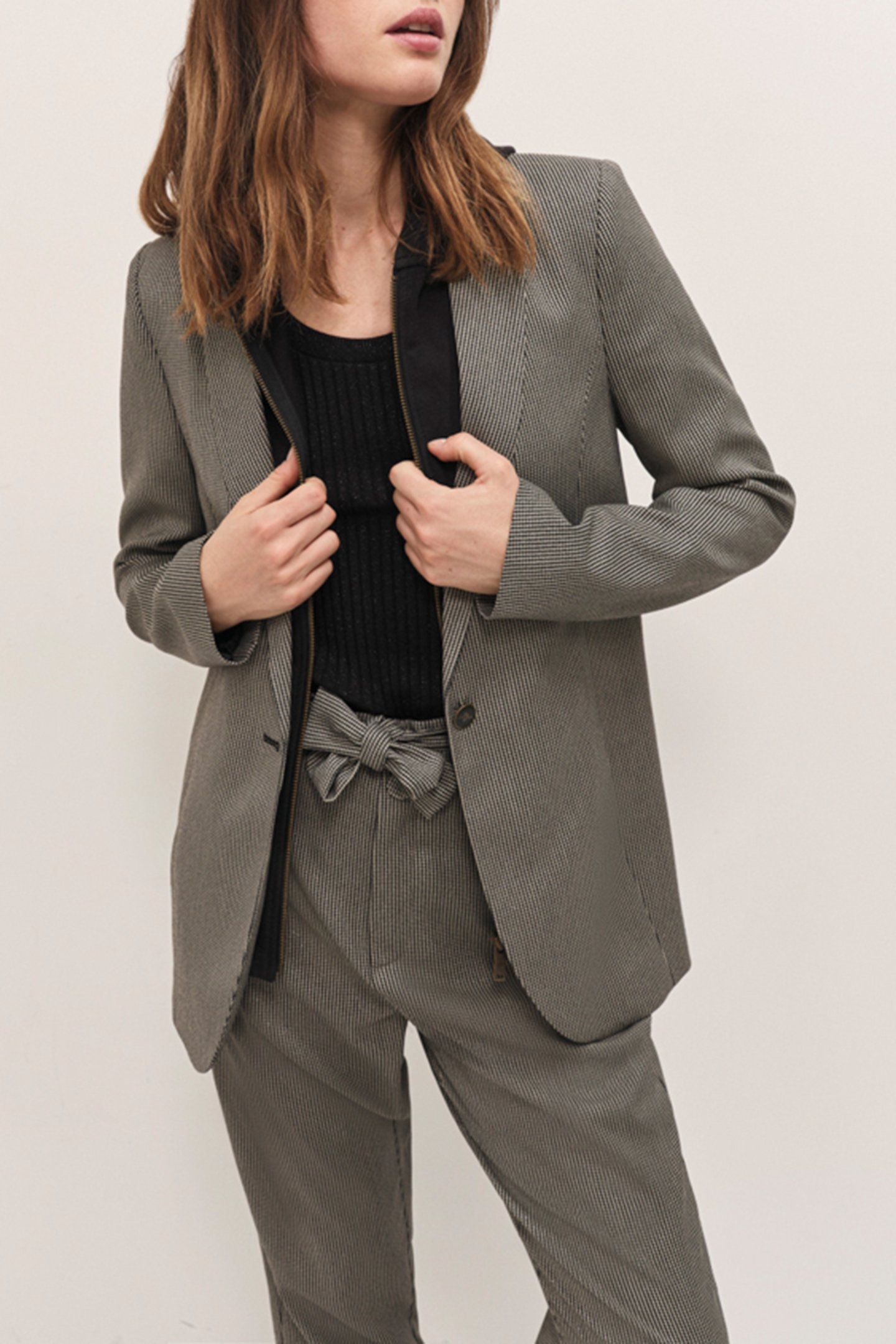 VITO - BLACK PINSTRIPE SUIT JACKET WITH REMOVABLE HOODED COL 1