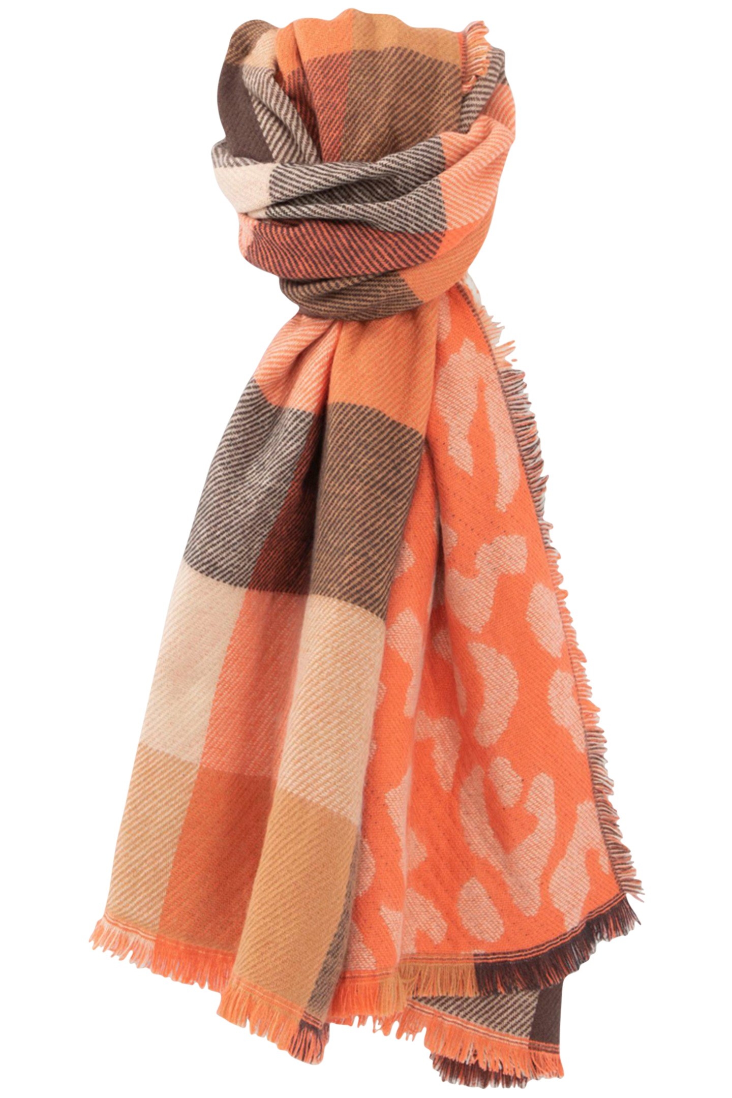 ARTE - TANGERINE SCARF WITH INTARSIA LEOPARD PRINT AND CHECK 1