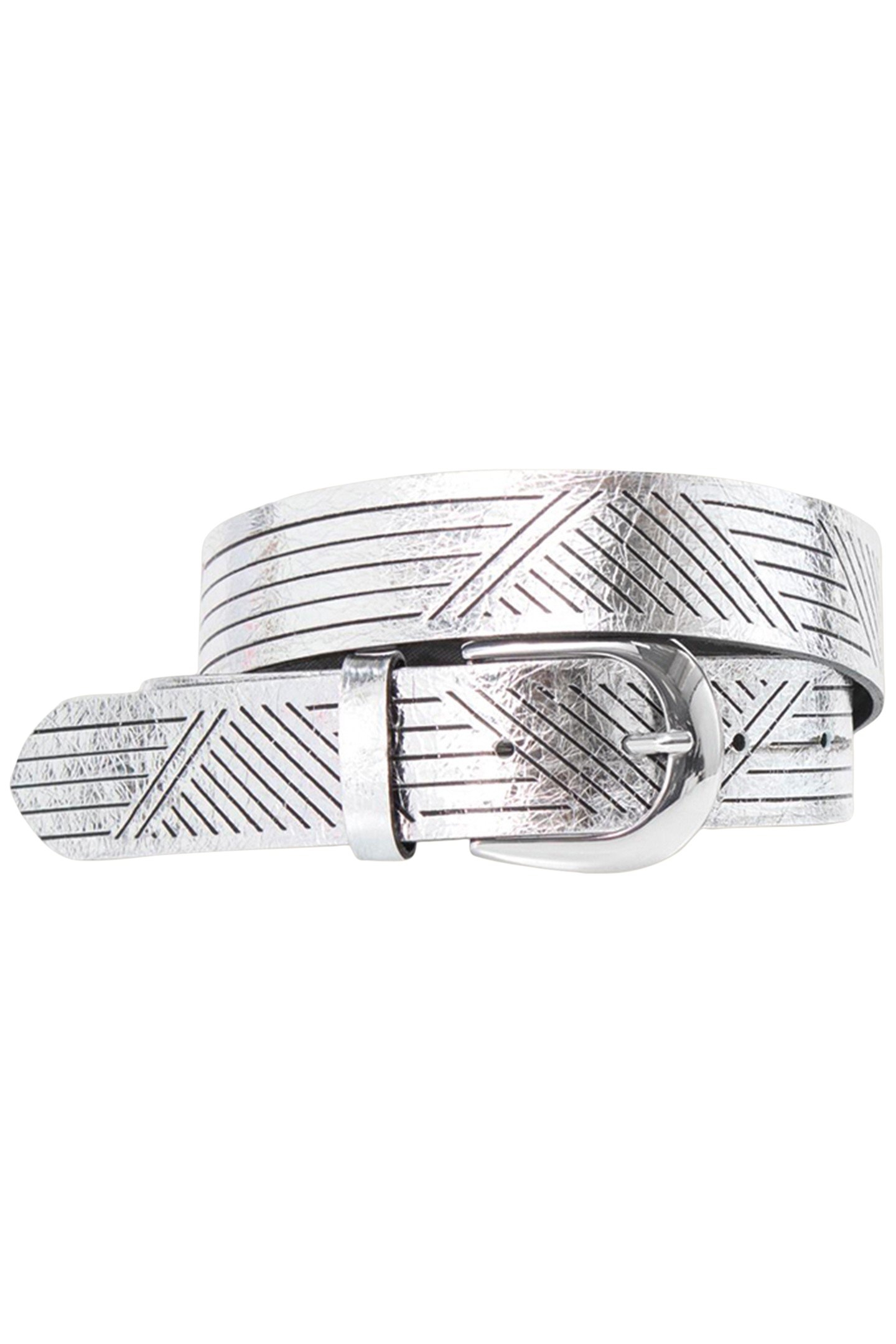 ANJA - SILVER METALLIC LEATHER BELT WITH GRAPHIC LINES, MADE 1