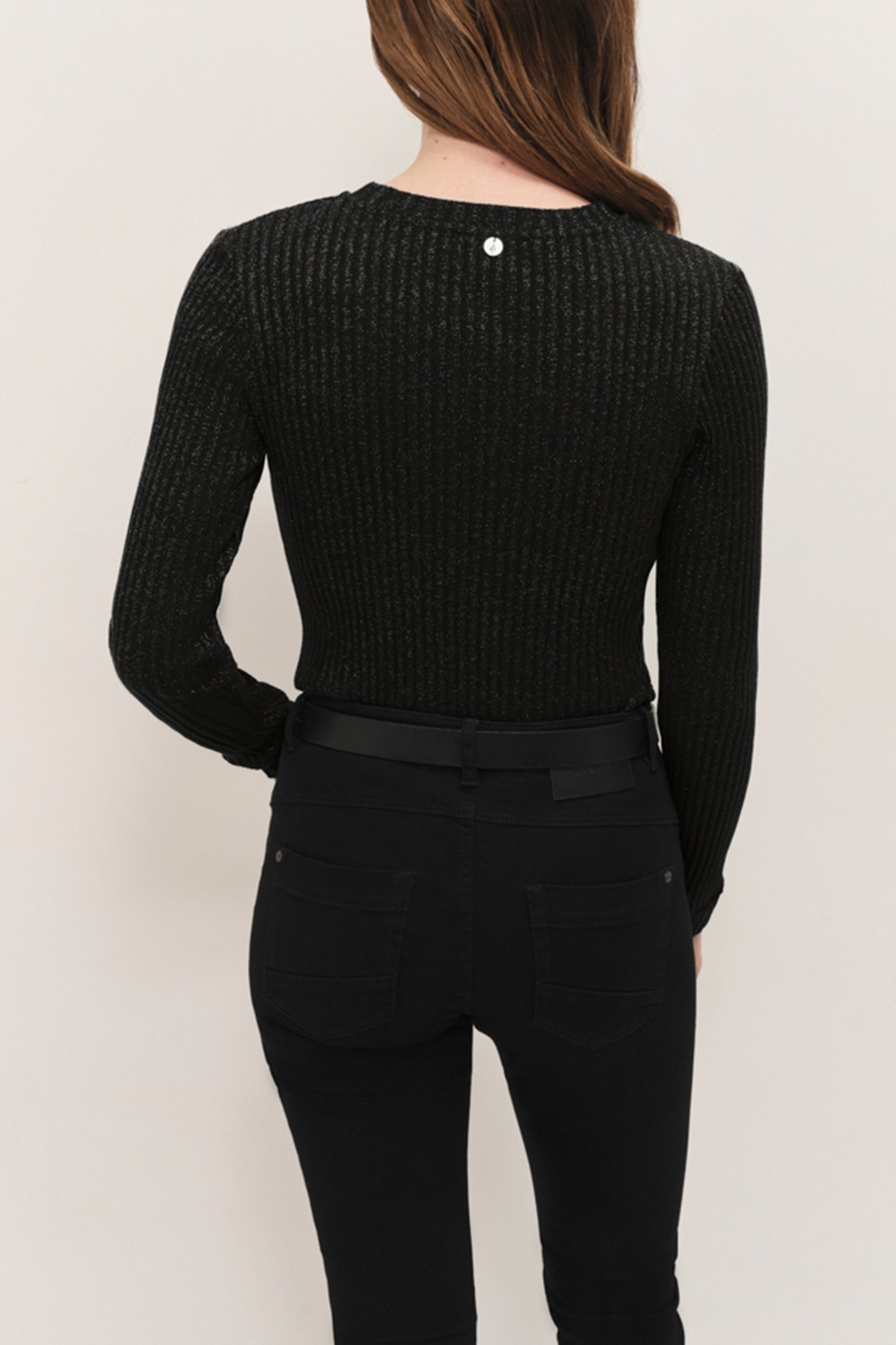 MALENE - BLACK RIBBED LUREX KNIT LONG-SLEEVED T-SHIRT 4